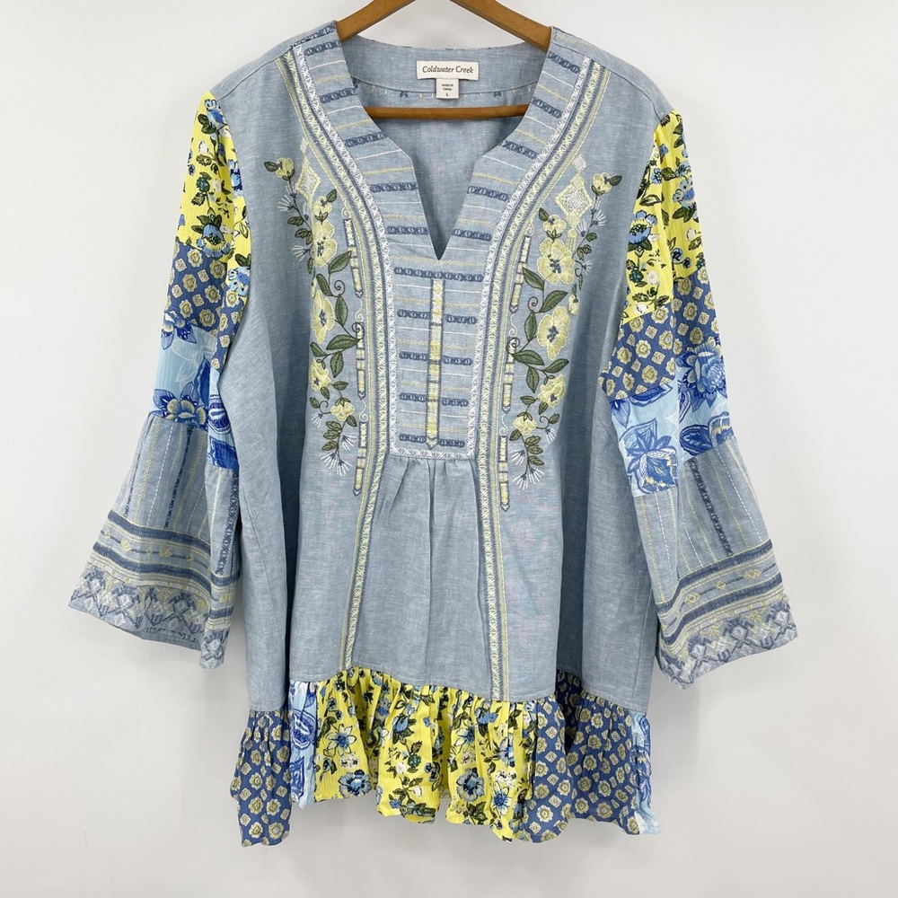 Coldwater Creek Linen Blend Boho Embroidered Top Shirt L